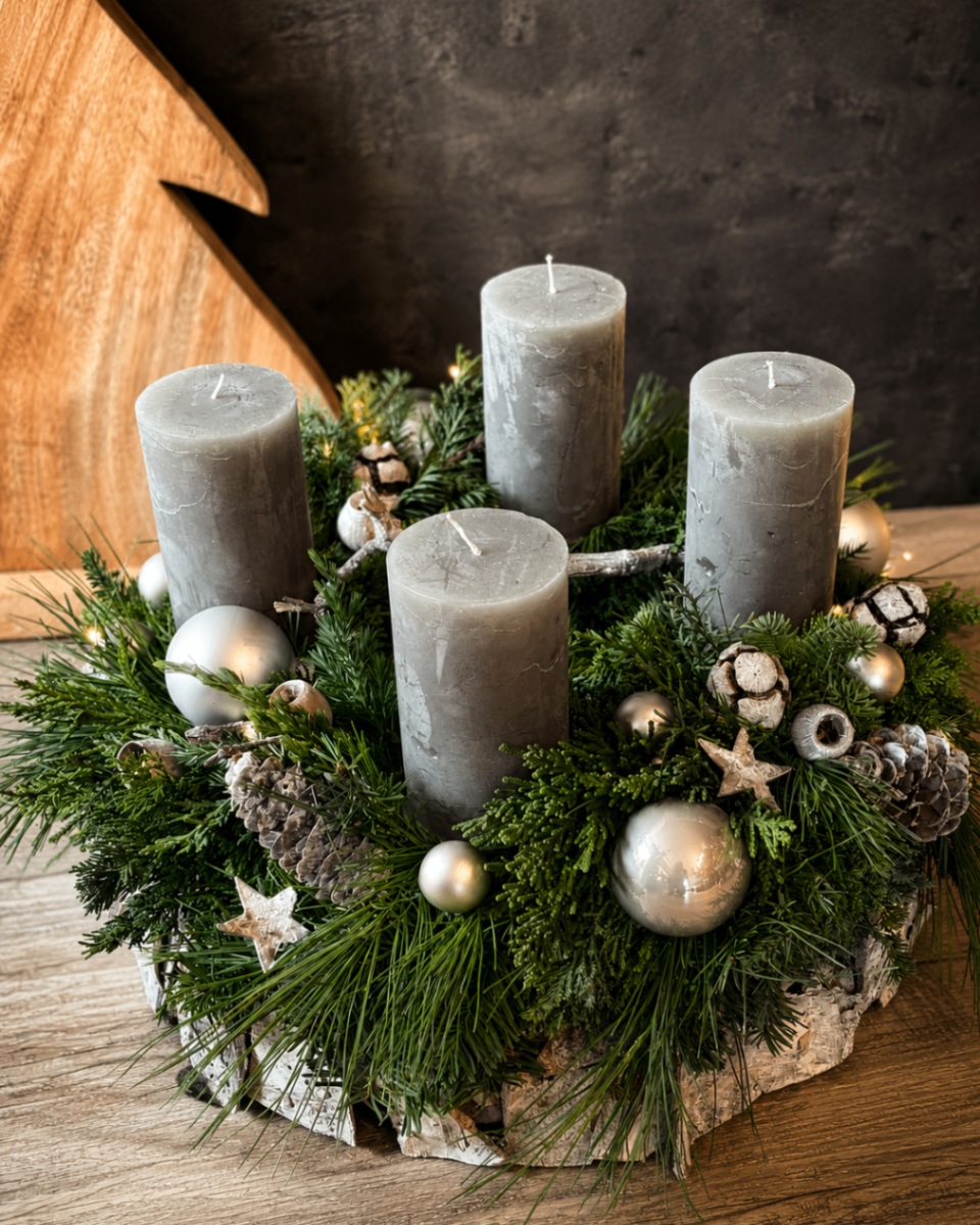 Adventkranz mit grauen Kerzen, silbernen Kugeln und winterlichem Grün