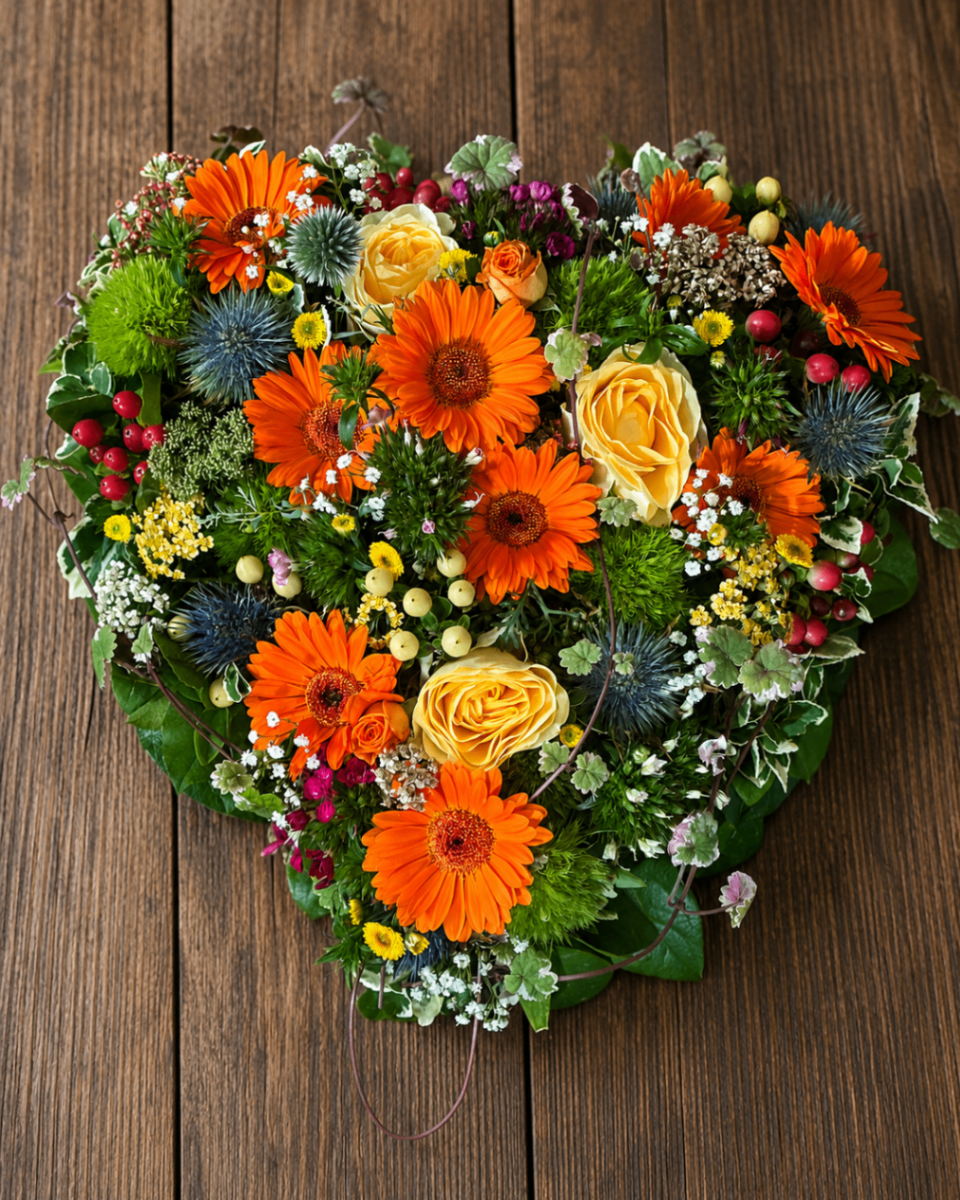 Herzgesteck mit orangefarbenen Gerbera und gelben Rosen
