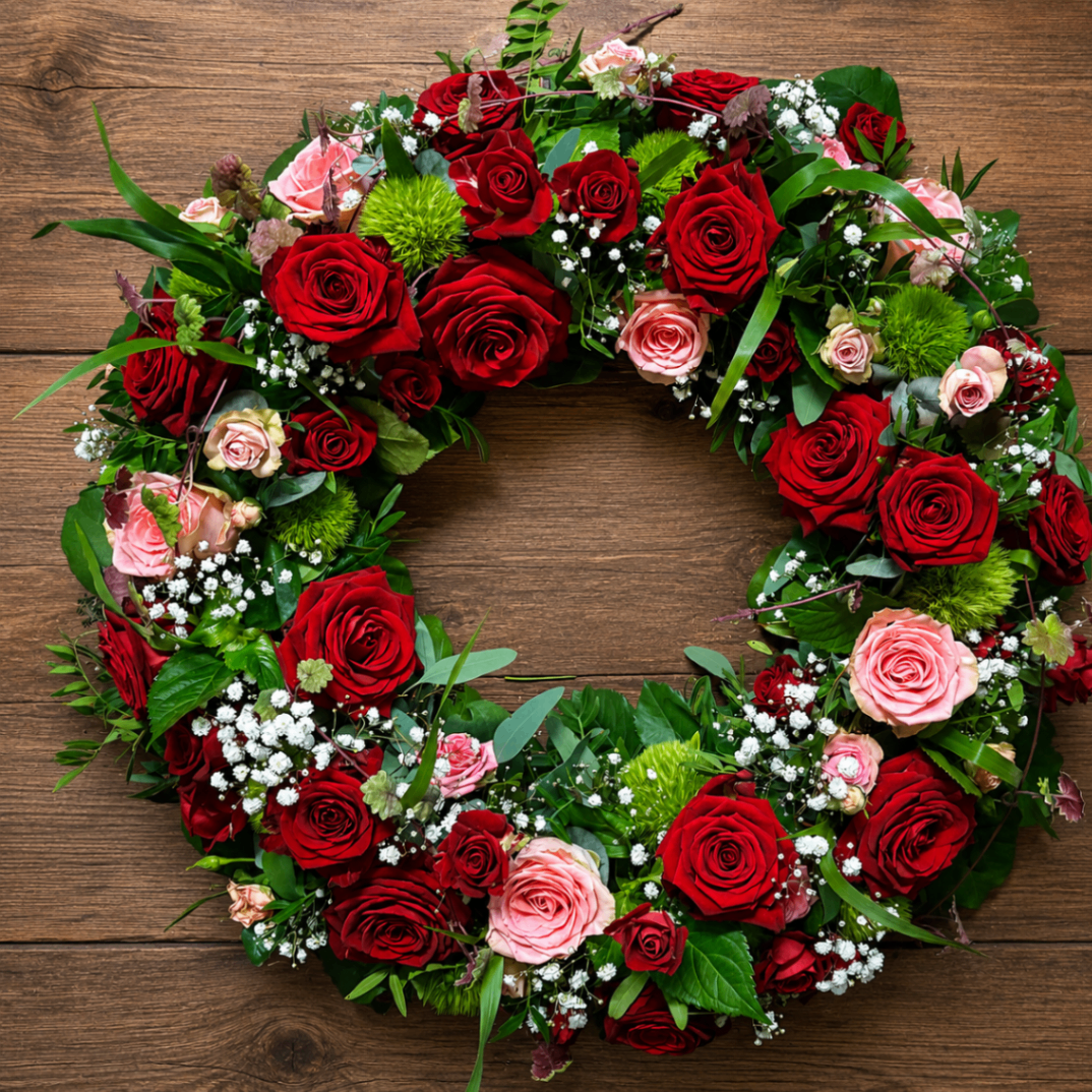 Rosenkranz in Rot und Rosa auf Holzuntergrund