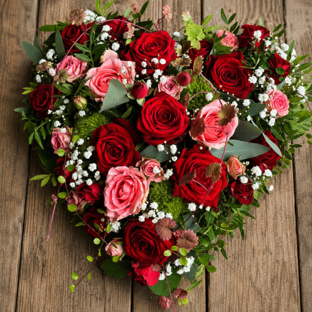Herz aus roten und rosafarbenen Rosen auf Holz